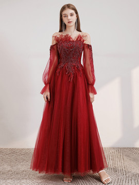 Shop 2020 New Arrival Off The Shoulder Burgundy A Line Long Sleeve Feather Prom Dress Under 159