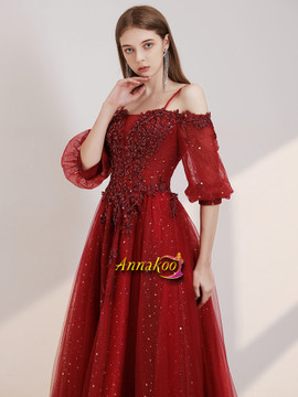 Shop Beautiful 2020 Long Sleeve Spaghetti Straps A Line Appliques Sequin Burgundy Prom Dress Under 138