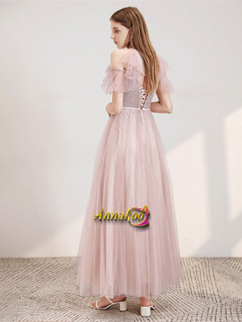 Shop Cheap 2021 Scoop Pastel Pink Sequin Lace Up Tulle Ruffles Prom Dress Under 147