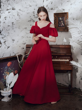 Shop 2021 Short Sleeves V Neck Satin Floor Length Pearl Backless Prom Dress Under 135