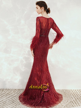 Luxury Mermaid Burgundy Beading Feather Long Sleeve Prom Dress