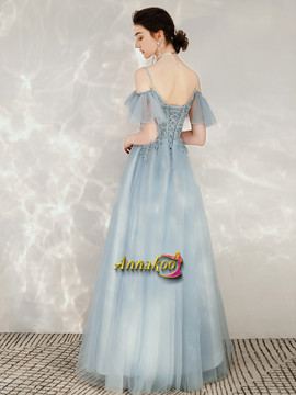 Spaghetti Straps Sequin Blue Bling Bling Appliques Short Sleeves Prom Dress