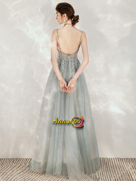 Shop Sexy 2021 V Neck Appliques Beading Tulle Gray See Through Backless Prom Dress Under 158