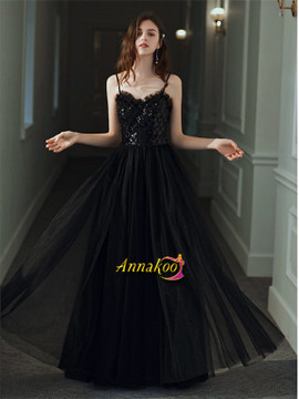 Shop 2021 Black Sequin Floor Length Tulle Spaghetti Straps Prom Dress Under 138