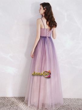 Unique Ombre Tulle Spaghetti Straps Beading Lace Up Prom Dress