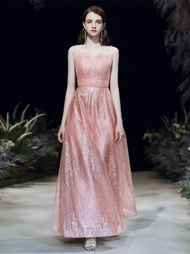 Shop 2021 Spaghetti Straps Pink Sequin Lace Up Tulle Long Prom Dress Under 159