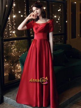 Scoop Satin Short Sleeve A Line Pleats Prom Dress