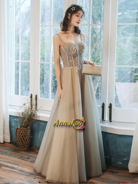 Spaghetti Straps Champagne See Through Appliques Prom Dress