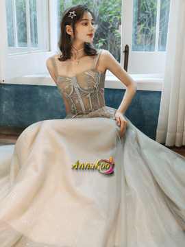 Shop 2021 Spaghetti Straps Champagne See Through Appliques Prom Dress Under 145