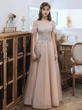 Shop 2021 Off The Shoulder Tulle Beading Appliques Pink Prom Dress Under 147

