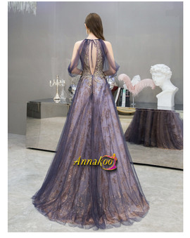 Purple Sparkly Appliques Backless Open Back Tulle Prom Dress