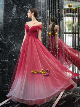 Red Tulle Sequin Beading Short Sleeve Sparkle Lace Up Prom Dress