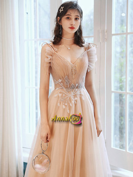 Champagne Tulle Flower Appliques Spaghetti Straps Lace Up Prom Dress