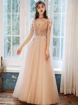 Shop 2021 Champagne Tulle Flower Appliques Spaghetti Straps Lace Up Prom Dress Under 148