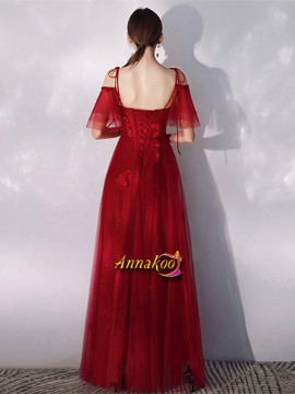 Spaghetti Straps Burgundy Appliques Lace Up Tulle Prom Dress