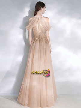 Shop 2021 Champagne Halter Tulle Appliques Lace Up A Line Prom Dress Under 148