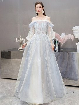 Off The Shoulder Light Blue See Through Appliques Tulle Long Sleeve Prom Dress