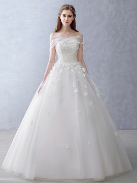 Shop 2021 Off The Shoulder Flower Appliques Tulle Ball Gown Wedding Dress Under 148