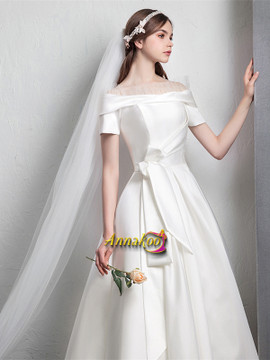 Satin Square Short Sleeve A Line Wedding Dress With Bow