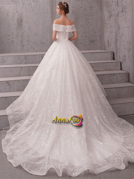 Shop 2021 Off The Shoulder Sparkle Bling Bling Lace Up Chapel Train Wedding Dress Under 375
