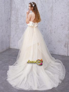 Shop 2021 Champagne Tulle A Line Spaghetti Straps Lace Up Ruffles Wedding Dress Under 258