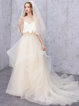 Shop 2021 Champagne Tulle A Line Spaghetti Straps Lace Up Ruffles Wedding Dress Under 258