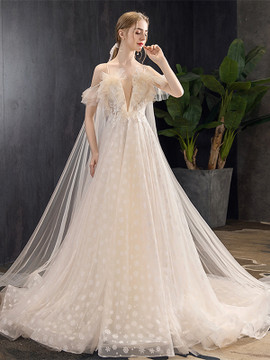 Shop 2021 Champagne Off The Shoulder Ruffles Beading Backless A Line Wedding Dress Under 259