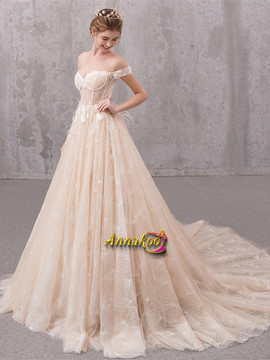 Strap Champagne Tulle Appliques Chapel Train A Line Wedding Dress