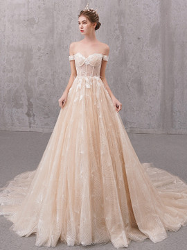 Shop 2021 Strap Champagne Tulle Appliques Chapel Train A Line Wedding Dress Under 384