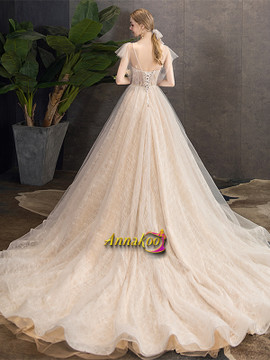 Cap Sleeve See Through Champagne Appliques A Line Wedding Dress