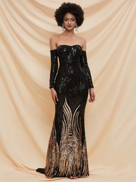 Shop 2021 Sexy Black And Gold Sequin Mermaid Off The Shoulder Long Prom Dress Under 89