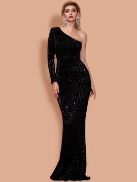 Black One Shoulder Long Sleeve Sequin Mermaid Prom Dress