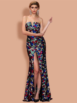 Shop 2021 Colorful Sequin Strapless Mermaid Prom Dress With Slit Under 88