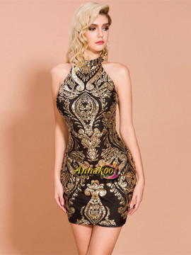 Shop 2021 Black And Gold Short Mini Sheath Column Halter Cocktail Dress Under 75