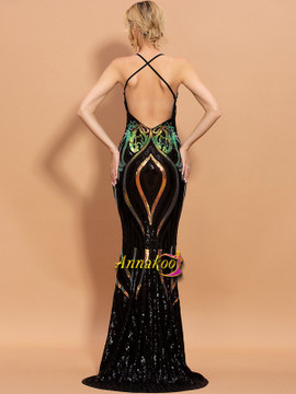 Buy 2021 Black Spaghetti Straps Sheath Column Backless Sequin Prom Dress Under 98