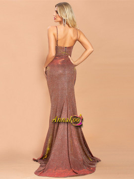 Brown Sequin V Neck Mermaid Sparkle Long Prom Dress