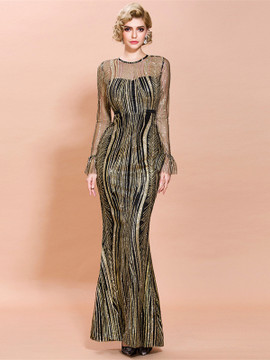 Shop 2021 Long Sleeve Illusion Black & Gold Mermaid Prom Dress Under 79