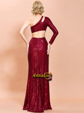 Wine Red One Shoulder Cut Out Sequin Long Sleeve Prom Dress