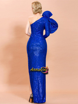 One Shoulder Sequin Royal Blue Mermaid Prom Dress With Slit