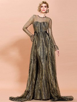 Shop 2021  Gold Scoop Illusion Neck Long Sleeve Prom Dress With Train Under 82