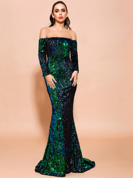 Buy Annakoo 2021 Green Off The Shoulder Long Sleeve Sequin Prom Dress Under 79