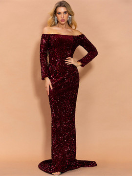 Shop 2021 Burgundy Off The Shoulder Long Sleeve Sequin Prom Dress Under 79