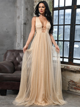 Shop 2021 Champagne Gold Tulle V Neck A Line Prom Dress Under 88