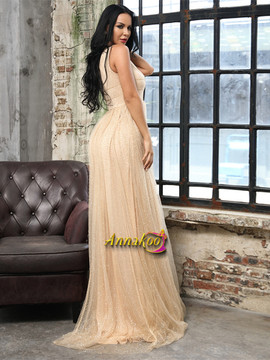 Shop 2021 Champagne Gold Tulle V Neck A Line Prom Dress Under 88
