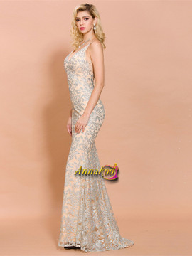Champagne Silver Appliques Spaghetti Straps Sequin Mermaid Prom Dresses