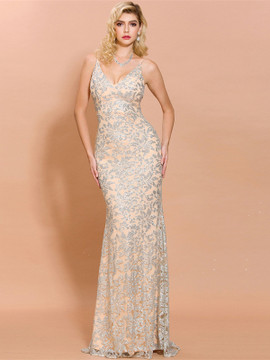 Shop 2021 Champagne Silver Appliques Spaghetti Straps Sequin Mermaid Prom Dresses Under 79