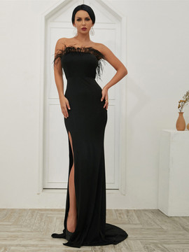 Shop Sexy Black Strapless Feather Spandex Sheath Column Prom Dress With Slit Under 79