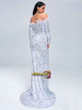 Shop 2021 Silver  Long Sleeve Feather Sequin Sheath Column Prom Dress With Slit Under 75