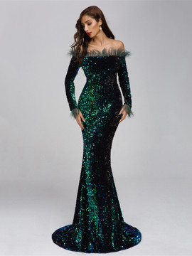 Shop 2021 Dark Green Long Sleeve Feather Sequin Sheath Column Prom Dress With Slit Under 75