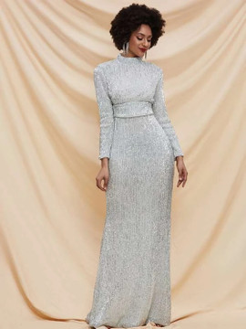 Shop 2021 High Neck Long Sleeve Silver Cut-out Back Sequin Prom Dress Under 79